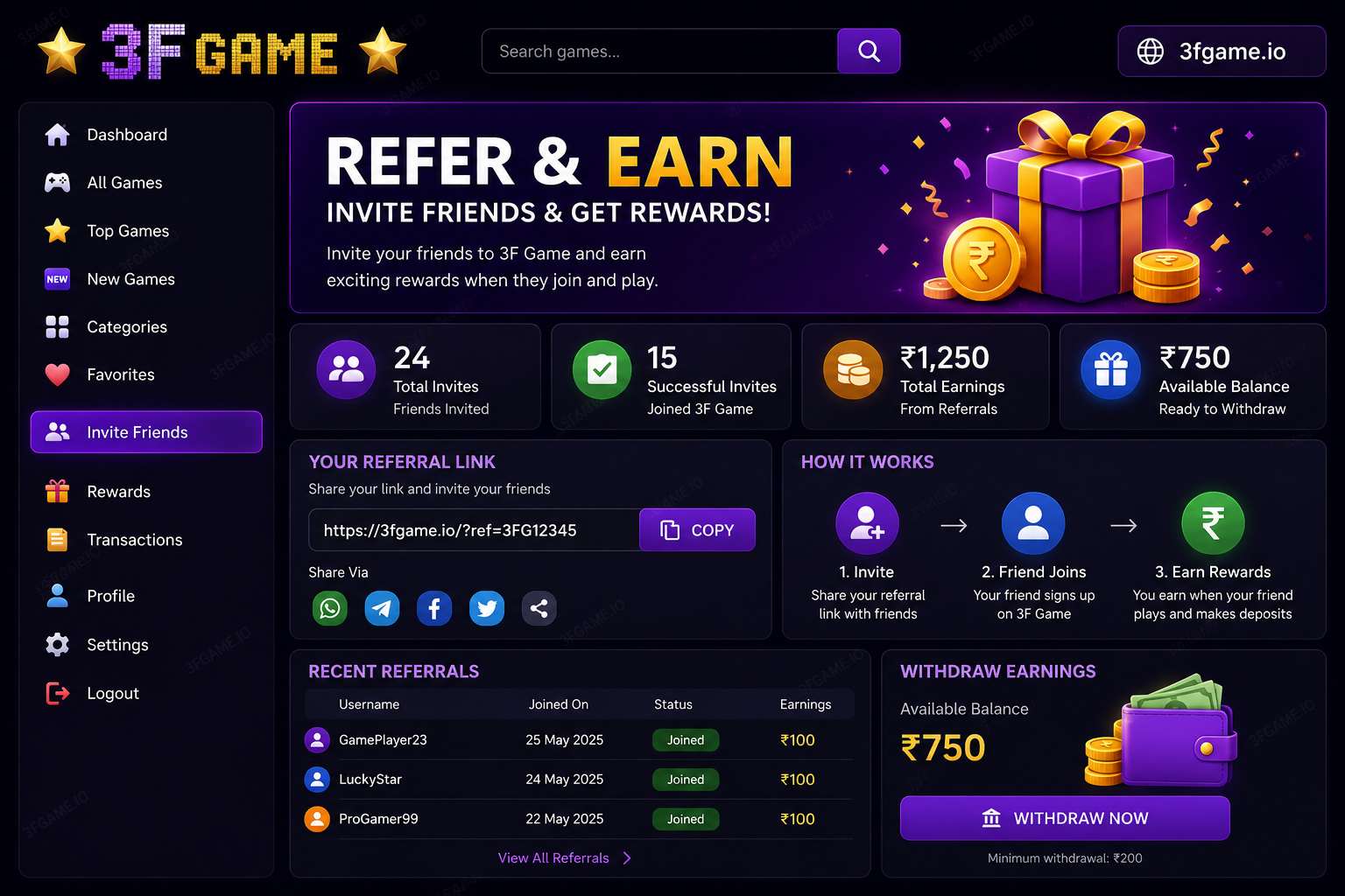 3F Game referral and invite friends dashboard 2026